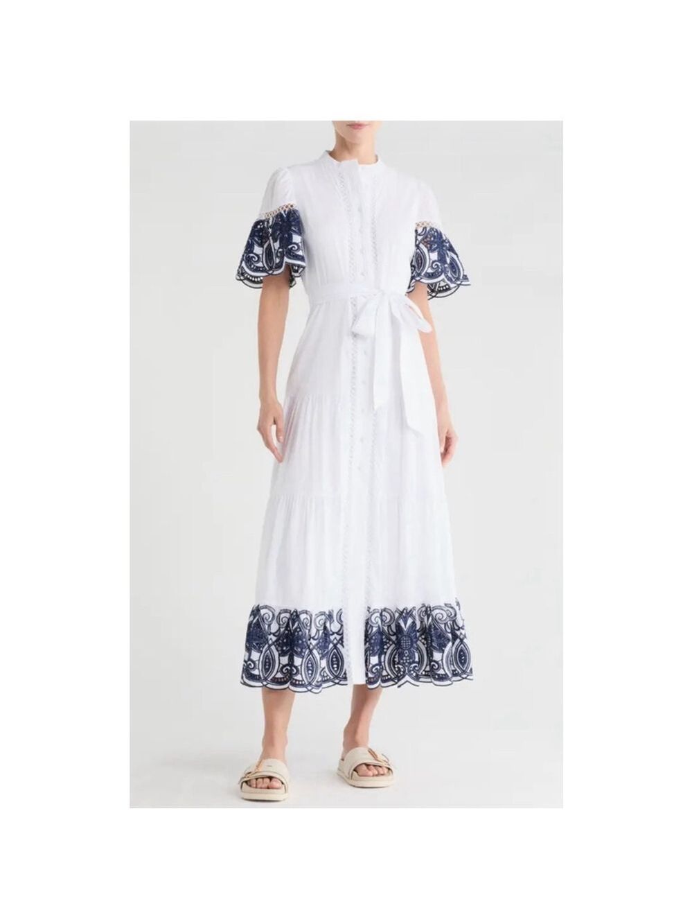 New Love By Design White Navy Embroidered Maxi Dress S